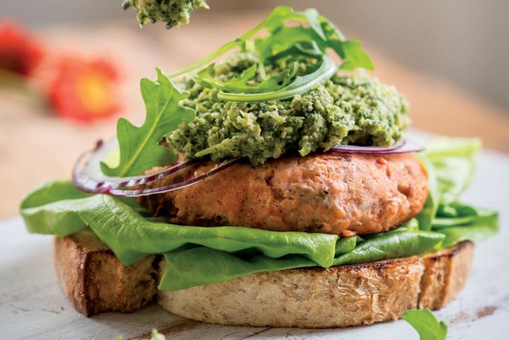 Salmon Burgers with Broccoli Pesto