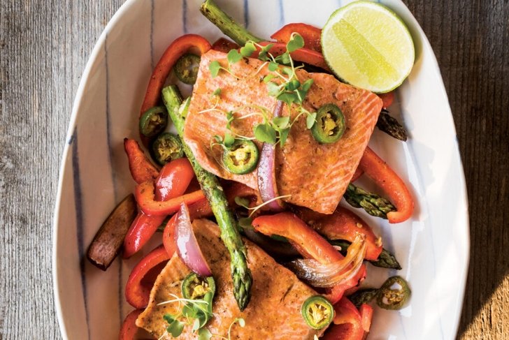 Sheet Pan Citrus Salmon with Roasted Onions and Peppers