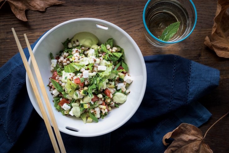 Barley and Wilted Lettuce Stir-Fry with Creamy Avocado Tahini