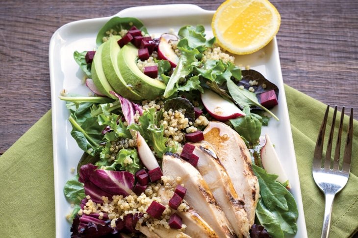 Whey-Brined Chicken with Avocado, Beets, Quinoa, and Greens
