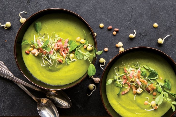 French Lettuce and Pea Soup with Turkey Bacon